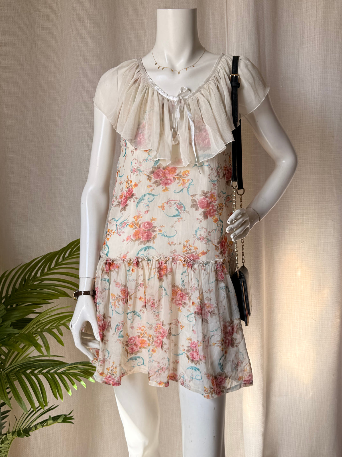 Vintage Floral Coquette Mini Dress - Sheer Ruffle Neckline & Drop Waist - Size Small