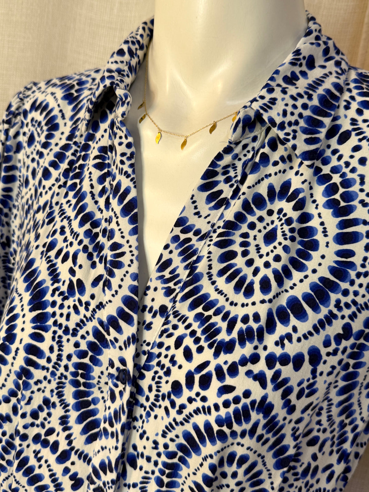 New Look Blue & White Mandala Print 3/4 Sleeve Shirt Mini Dress - UK 12 / US 8 | Medium