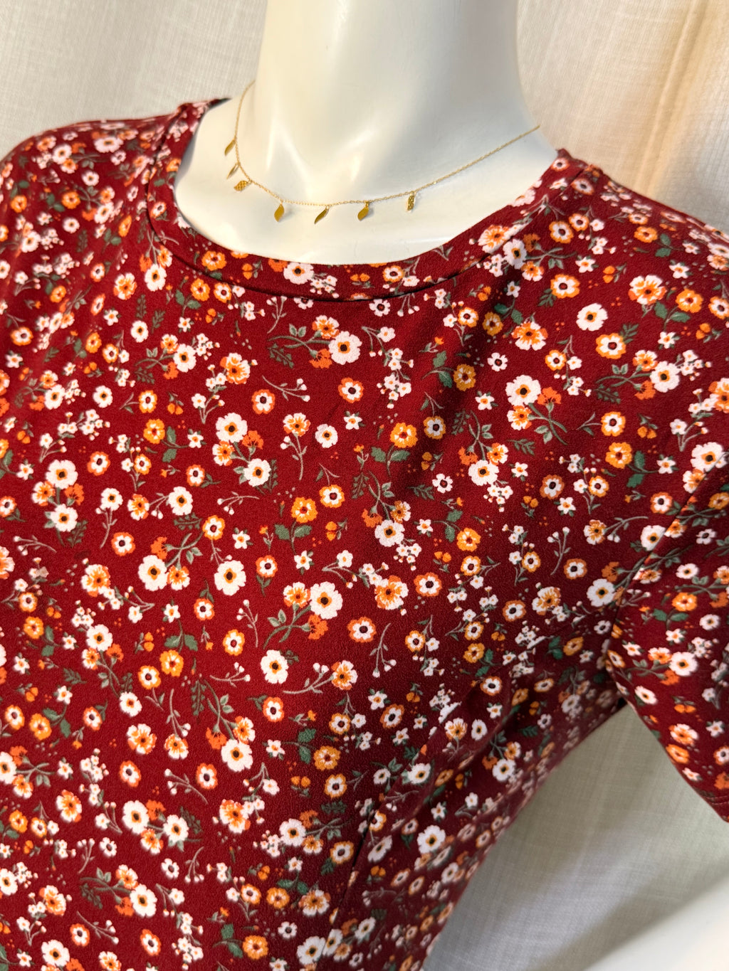Primark Rust Burgundy Ditsy Floral Short Sleeve Skater Mini Dress - UK 16 / US 12