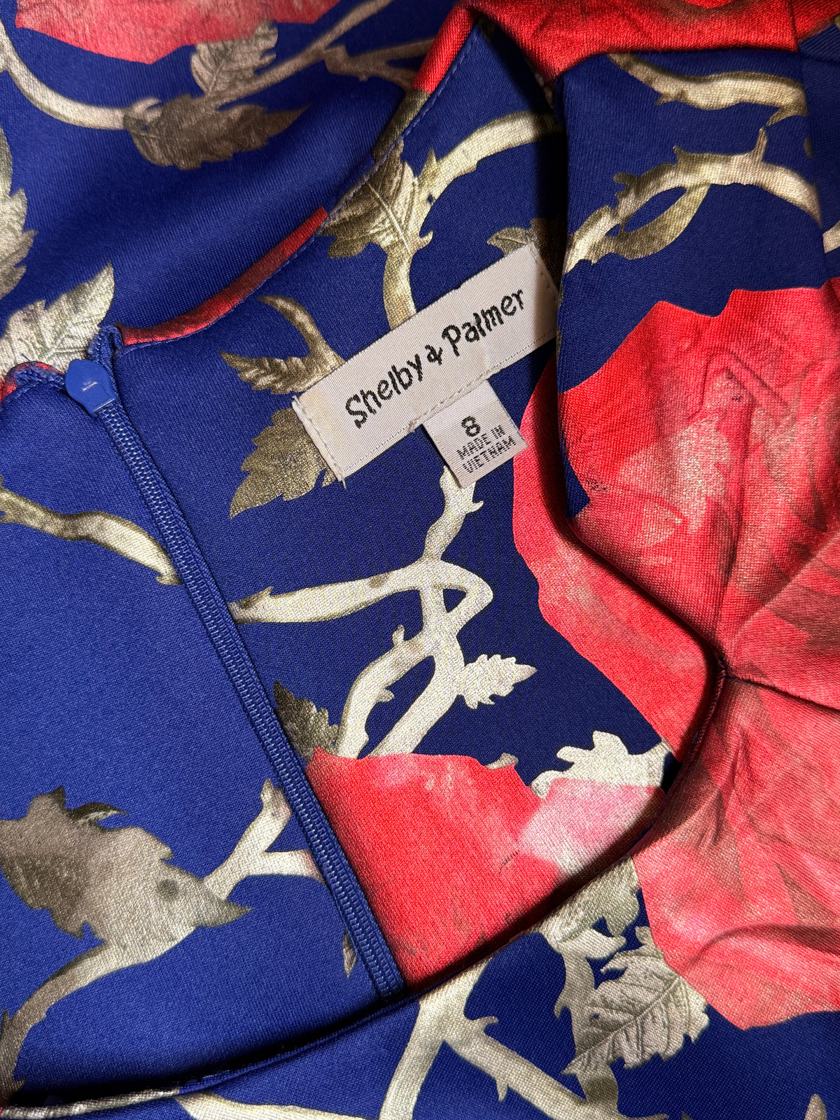 Shelby & Palmer Royal Blue Floral Ruched Sheath Dress – Size 8