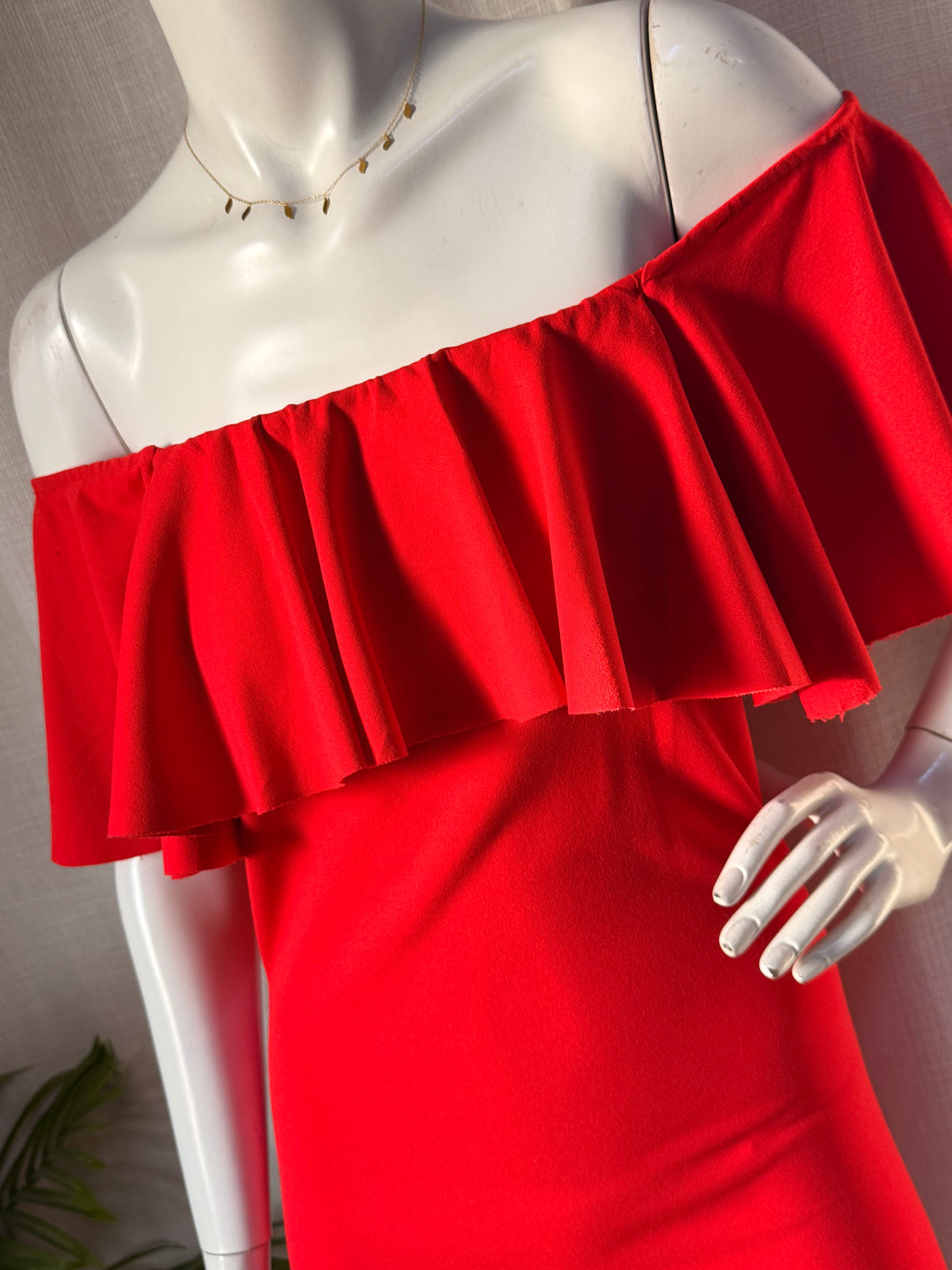 Fiery Red Off-the-Shoulder Ruffle Bardot Bodycon Mini Dress - Fits Size S-M