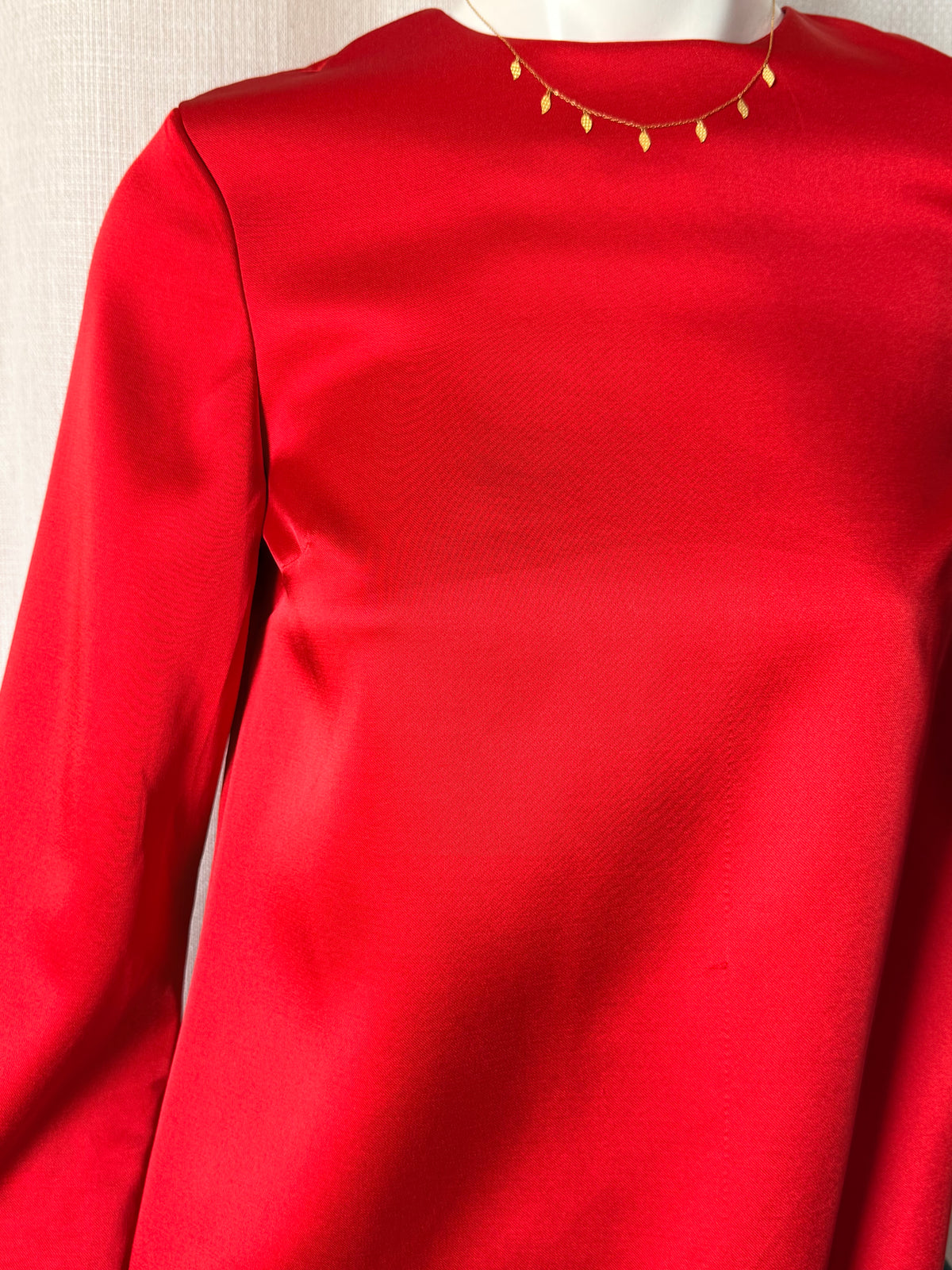 H&M Red Satin Mini Shift Dress | Long Bell Sleeve Evening Dress | Size XS