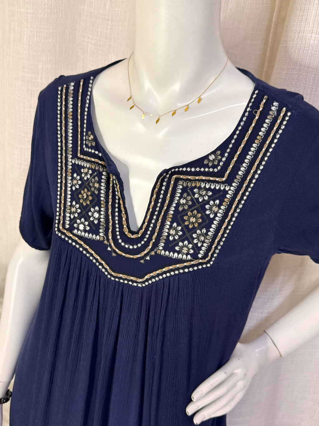 Anany Navy Embroidered Boho Tunic Mini Dress – Size L (EUR 42)