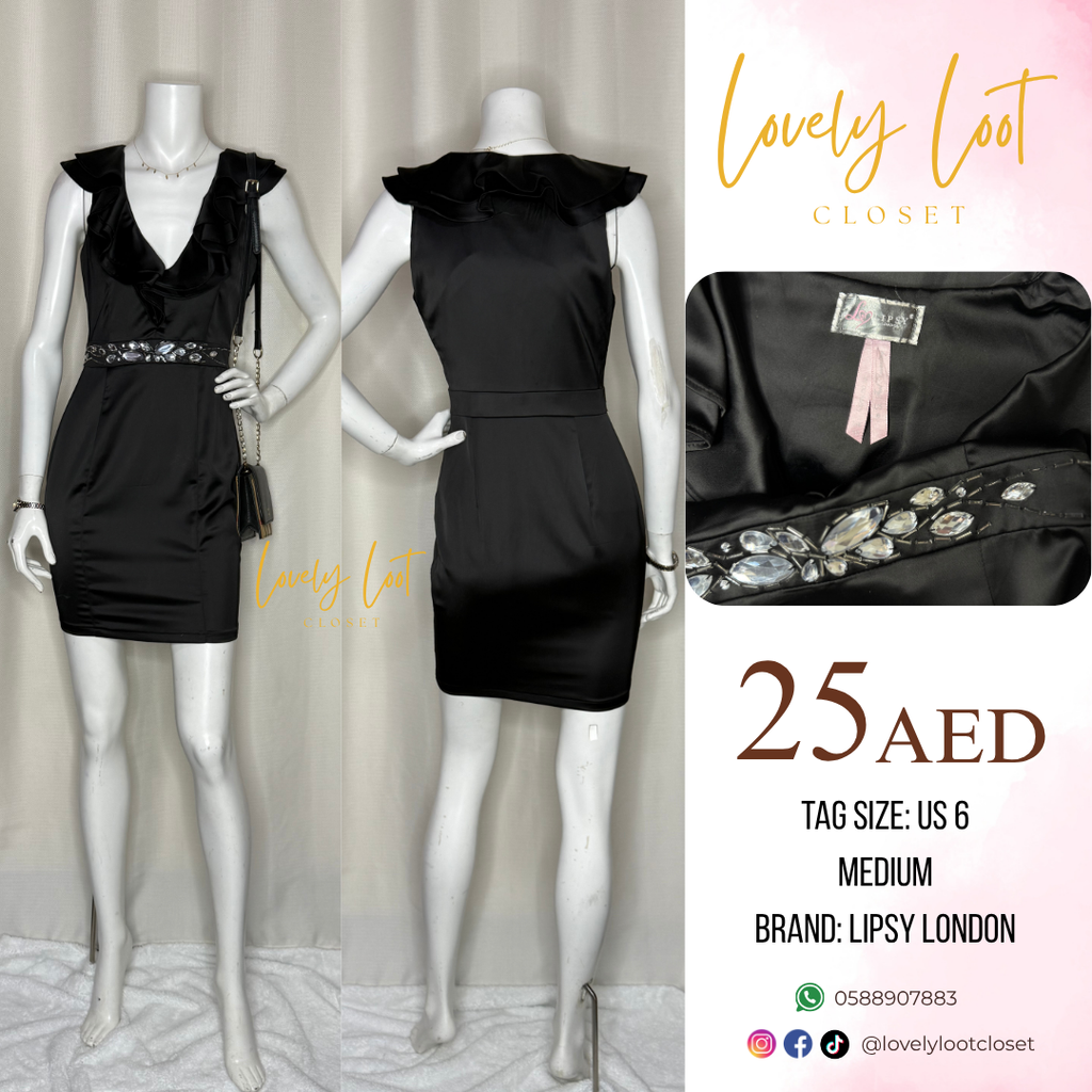 فستان قصير أسود مزين من Lipsy London (مقاس أمريكي 6 / M)