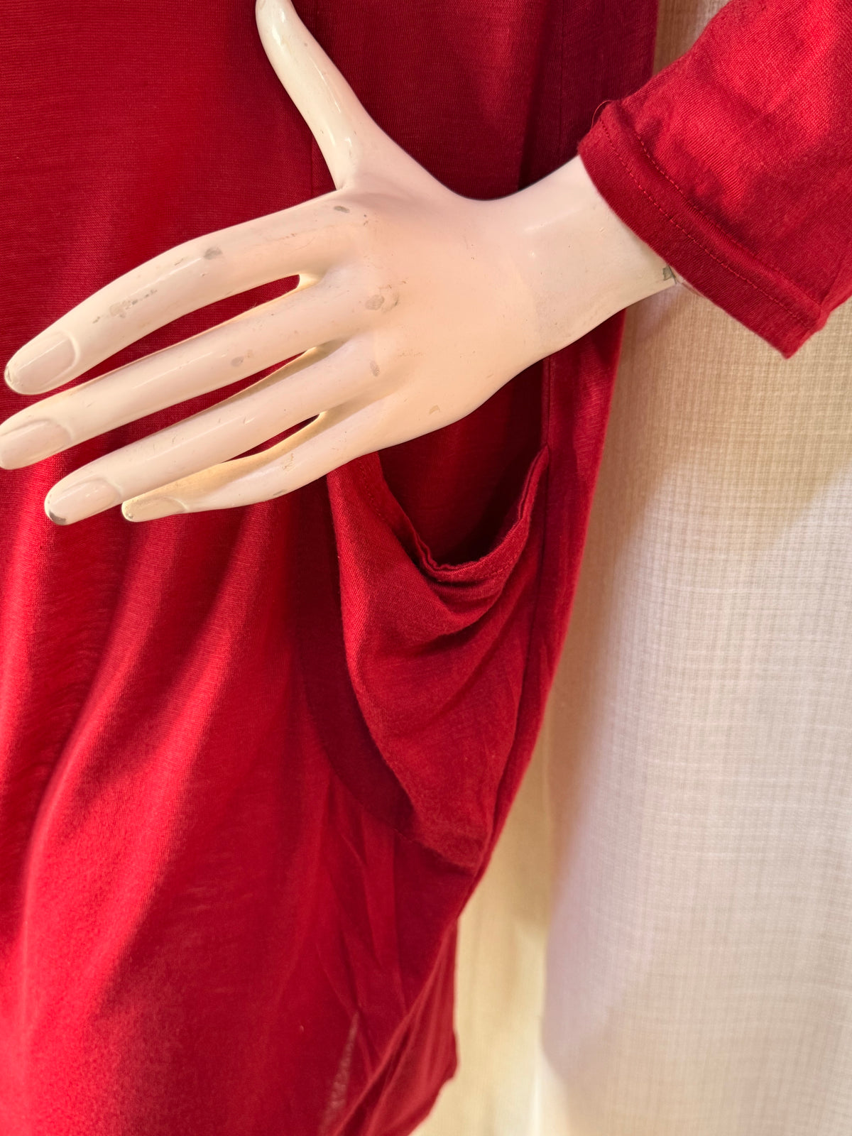 Crimson Red Long Sleeve Draped Cocoon T-Shirt Mini Dress with Pockets - Fits Size L-XL