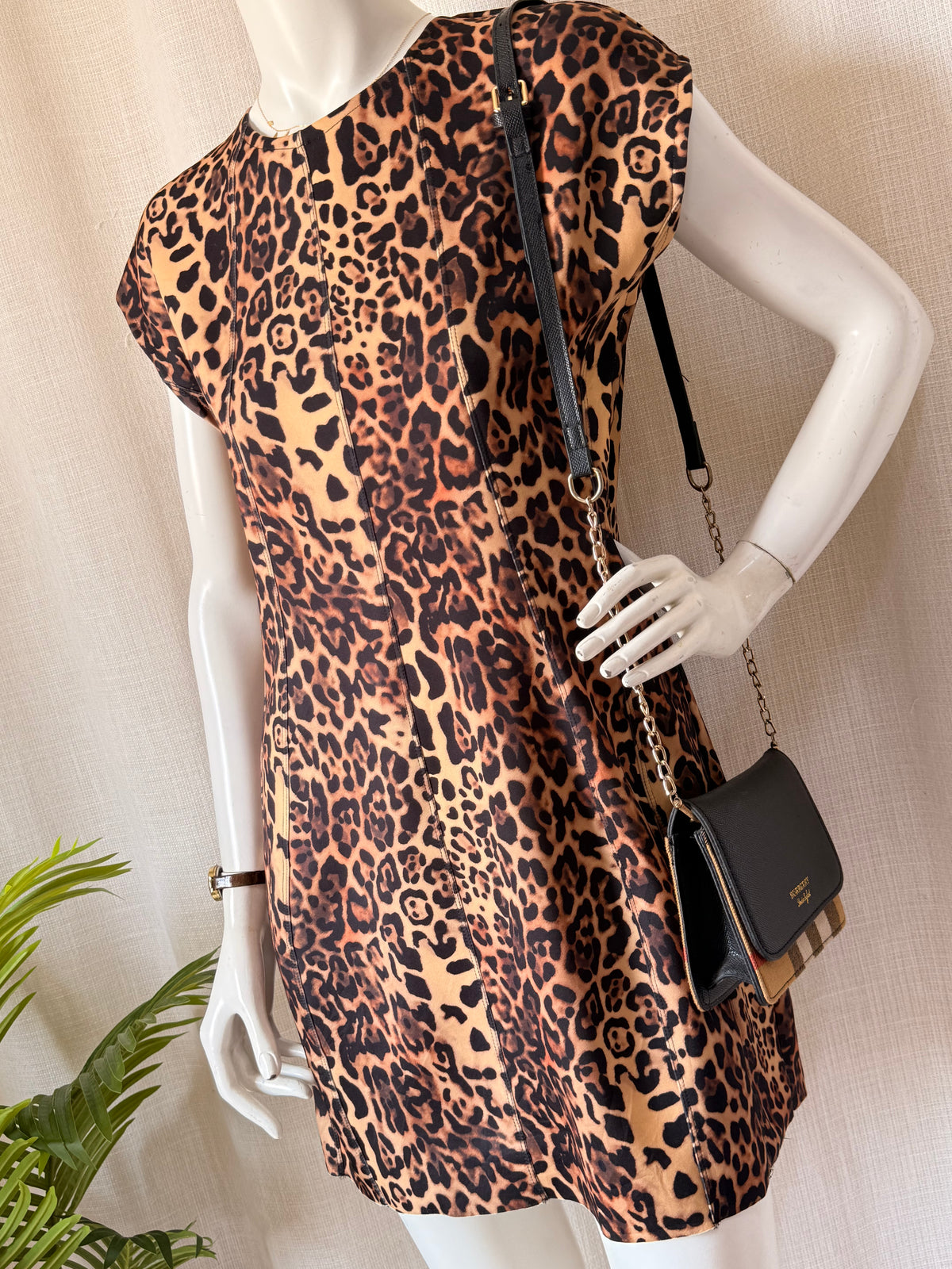 Leopard Print Cap Sleeve Shift Dress | Animal Print Scuba Mini Dress | Bust 38"