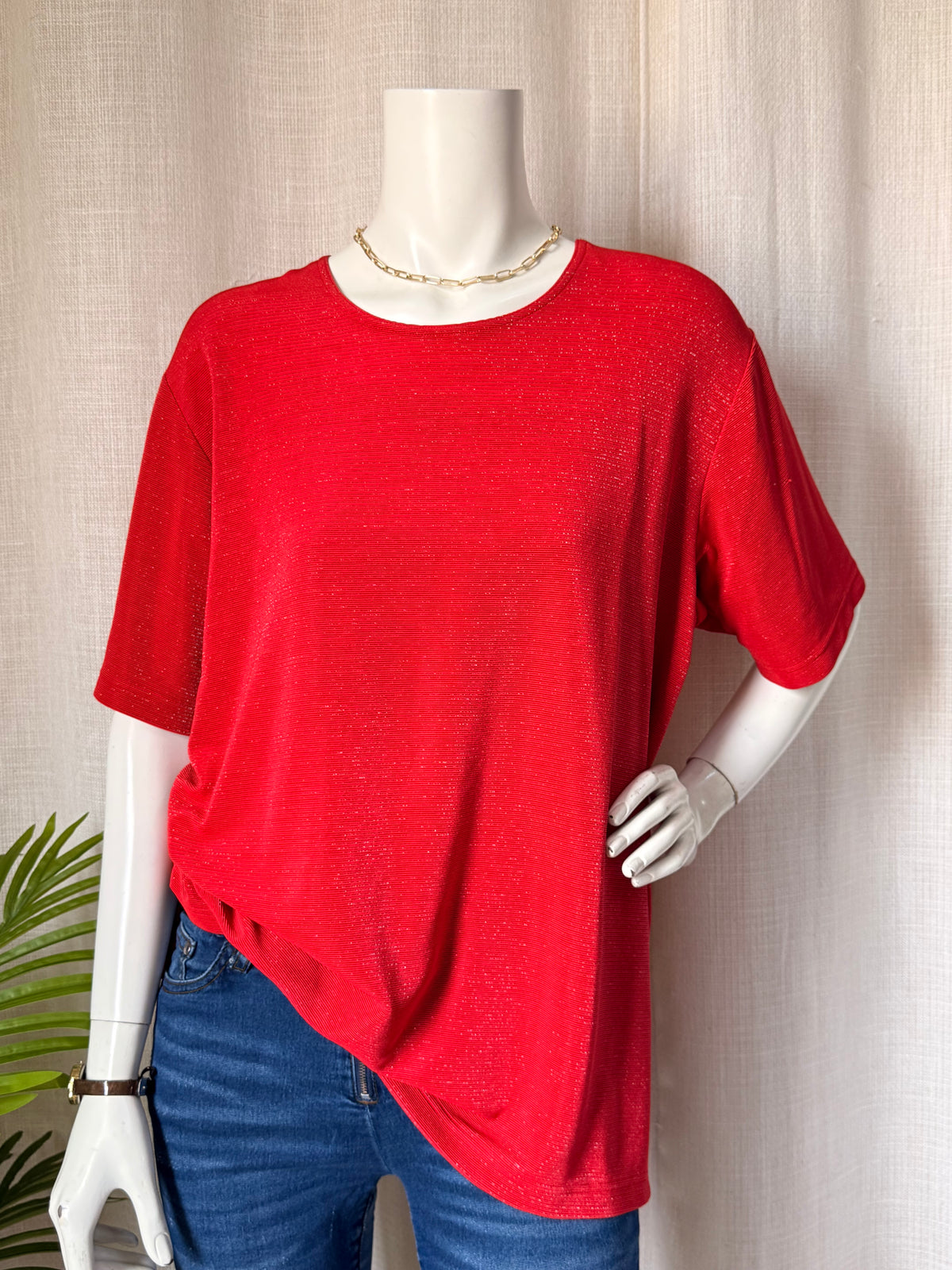 STUDIO BORGELT Red Metallic Shimmer Ribbed Knit Top - Size XL