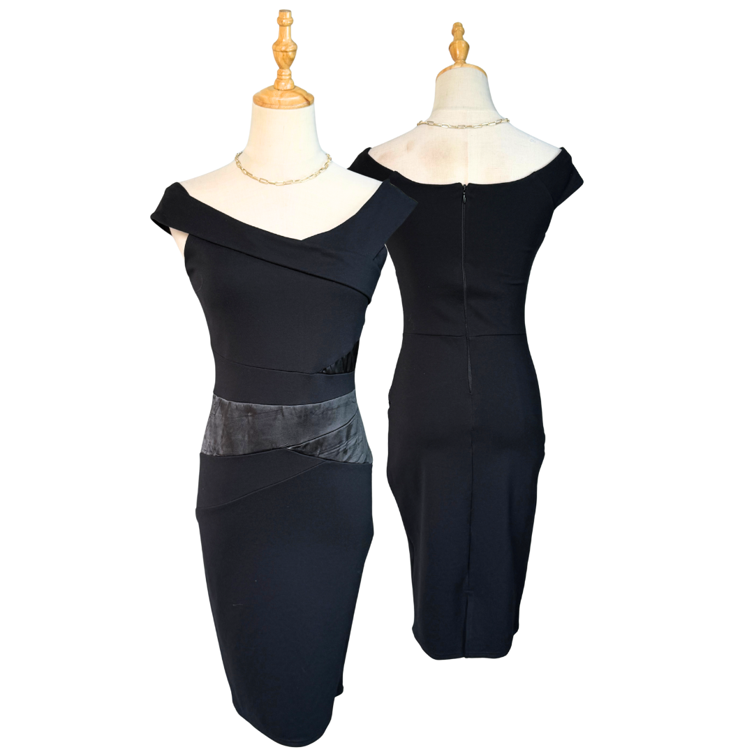 Lipsy London Black Off-Shoulder Dress with Faux Leather Detail | UK 10