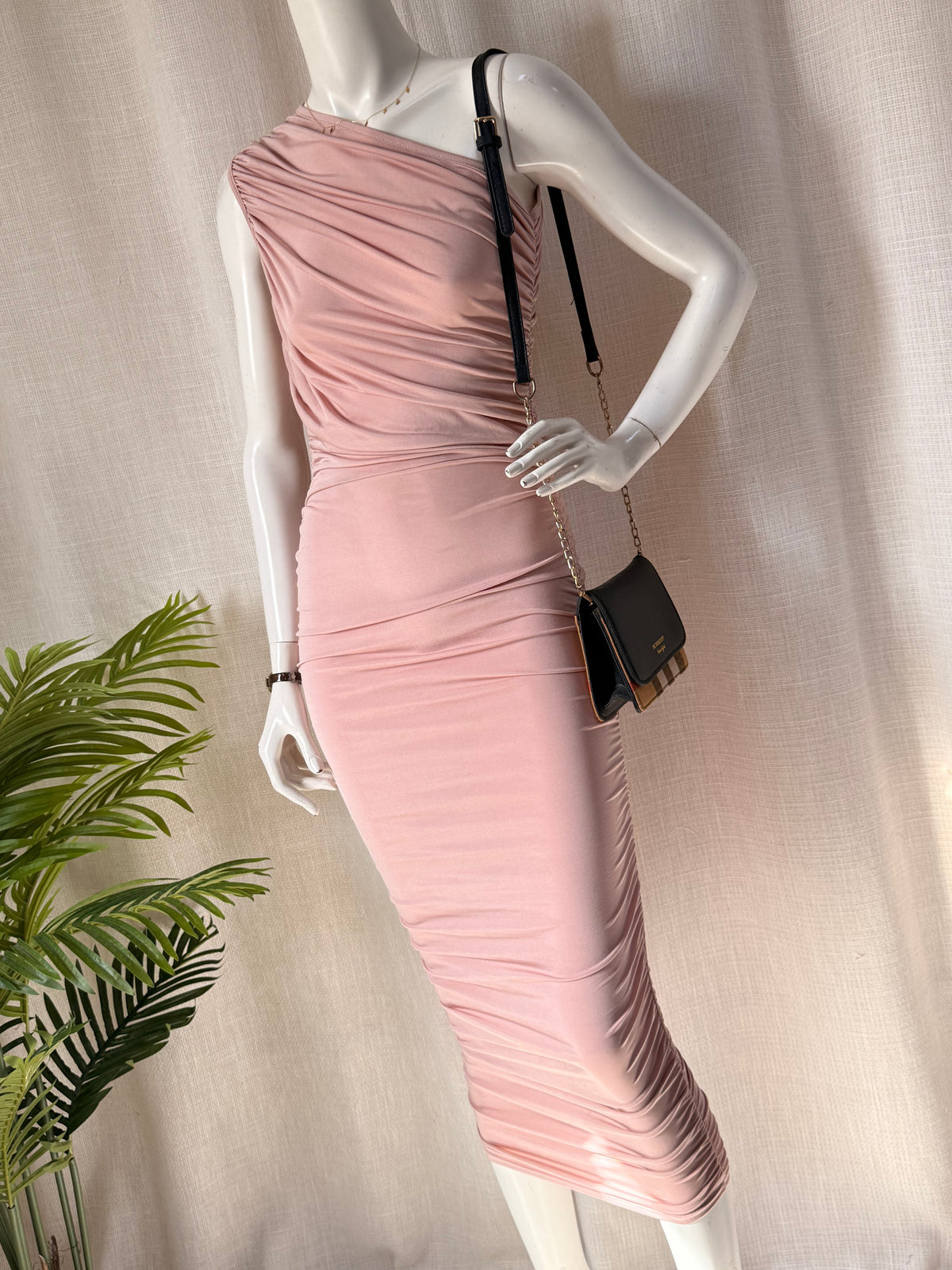 PrettyLittleThing Dusty Pink One Shoulder Ruched Maxi Dress - Size 12 - Bodycon Gown