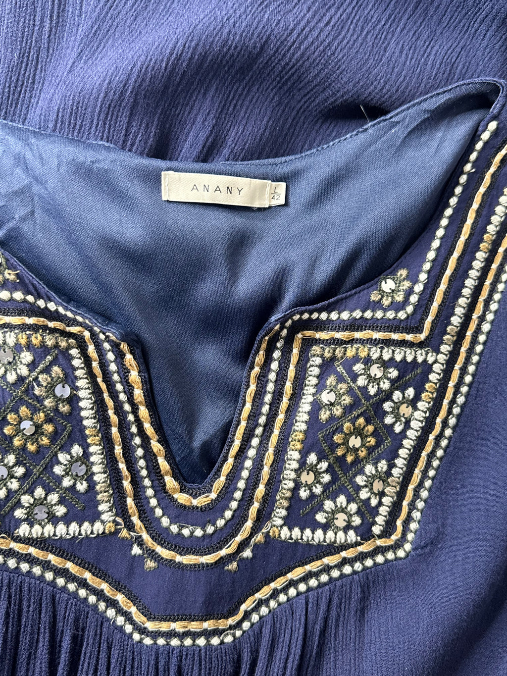 Anany Navy Embroidered Boho Tunic Mini Dress – Size L (EUR 42)