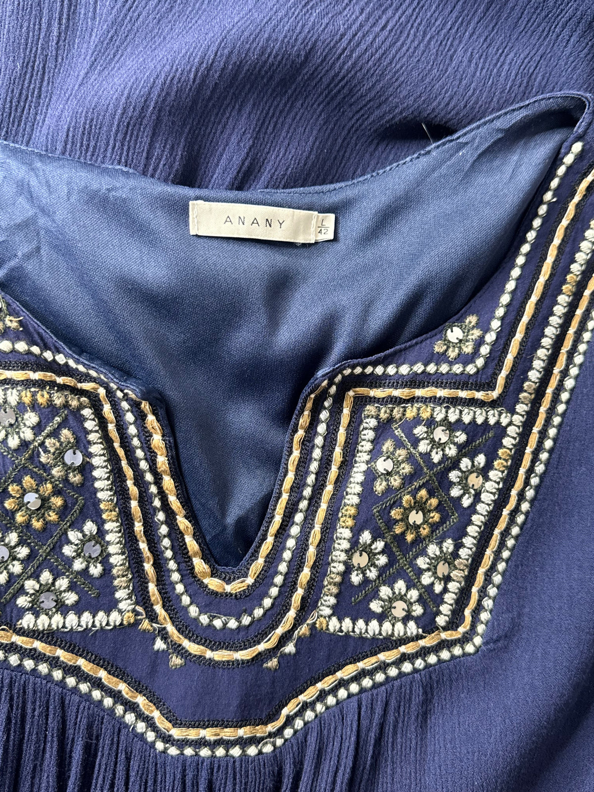 Anany Navy Embroidered Boho Tunic Mini Dress – Size L (EUR 42)
