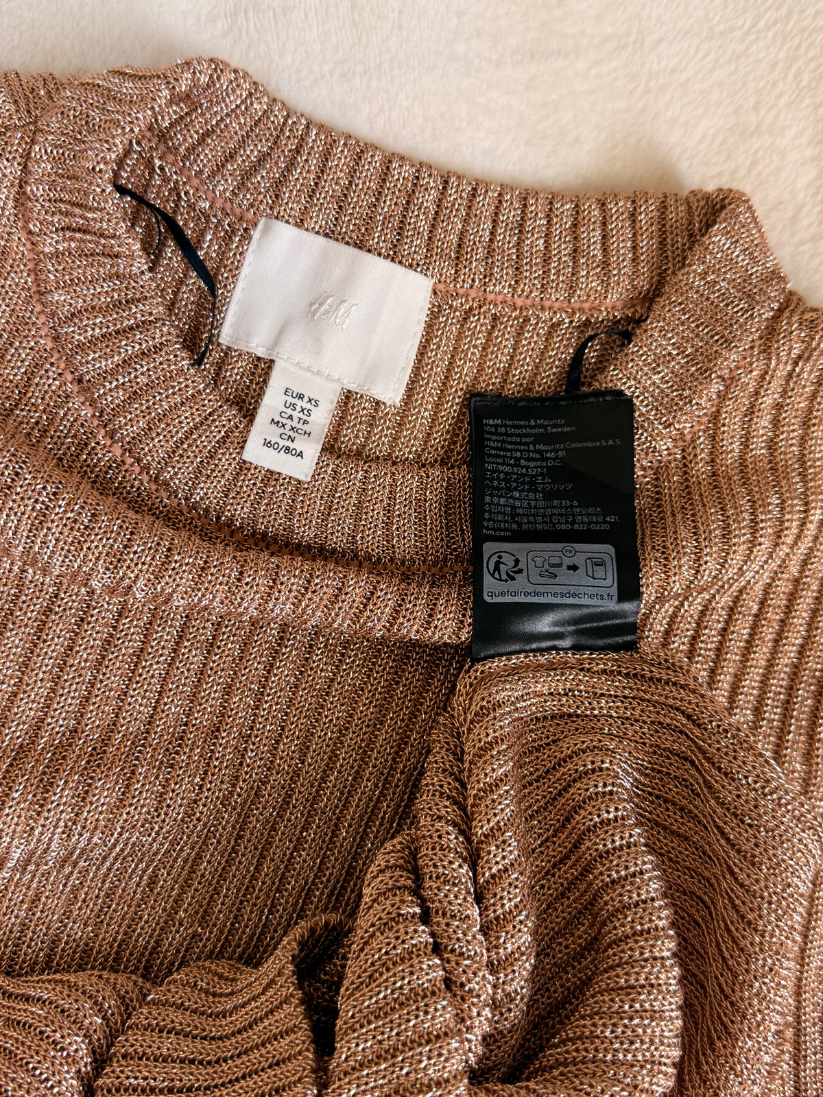 H&M Rose Gold Metallic Ribbed Knit Top - Size XS