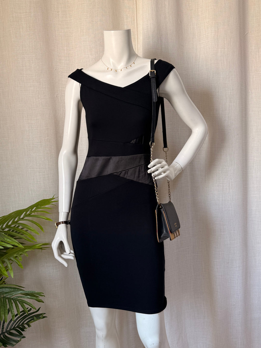Lipsy London Black Off-Shoulder Dress with Faux Leather Detail | UK 10