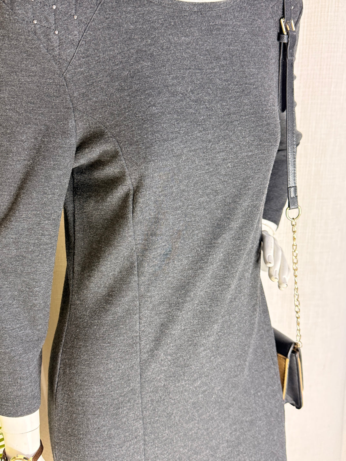 Charcoal Grey 3/4 Sleeve Sheath Dress with Studded Shoulder Details (Good Condition)
