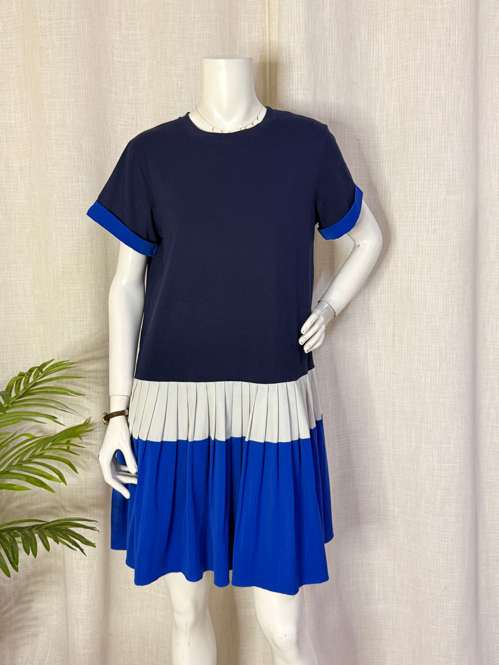 Colorblock Pleated Drop-Waist T-Shirt Dress – Navy, Cobalt & White