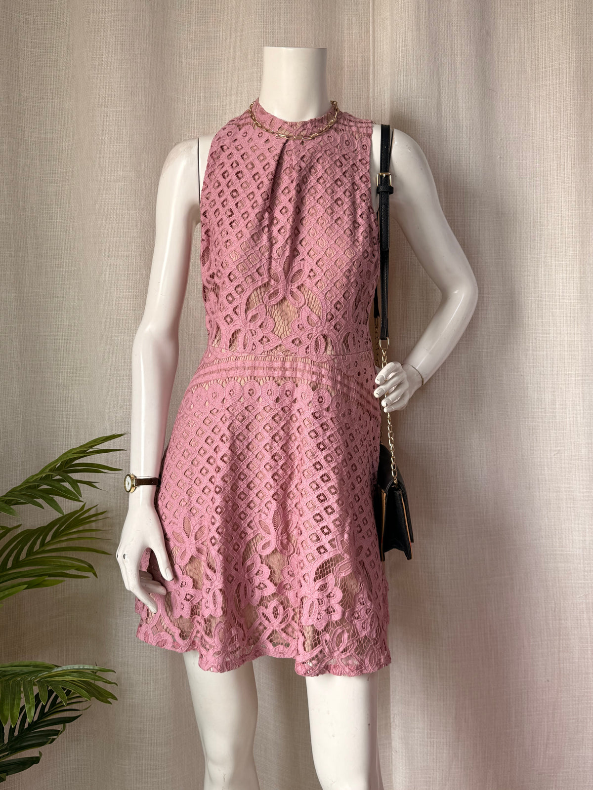 Love Fire Pink Crochet Lace High Neck Skater Dress | Large