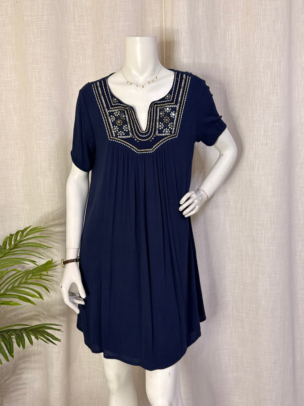Anany Navy Embroidered Boho Tunic Mini Dress – Size L (EUR 42)