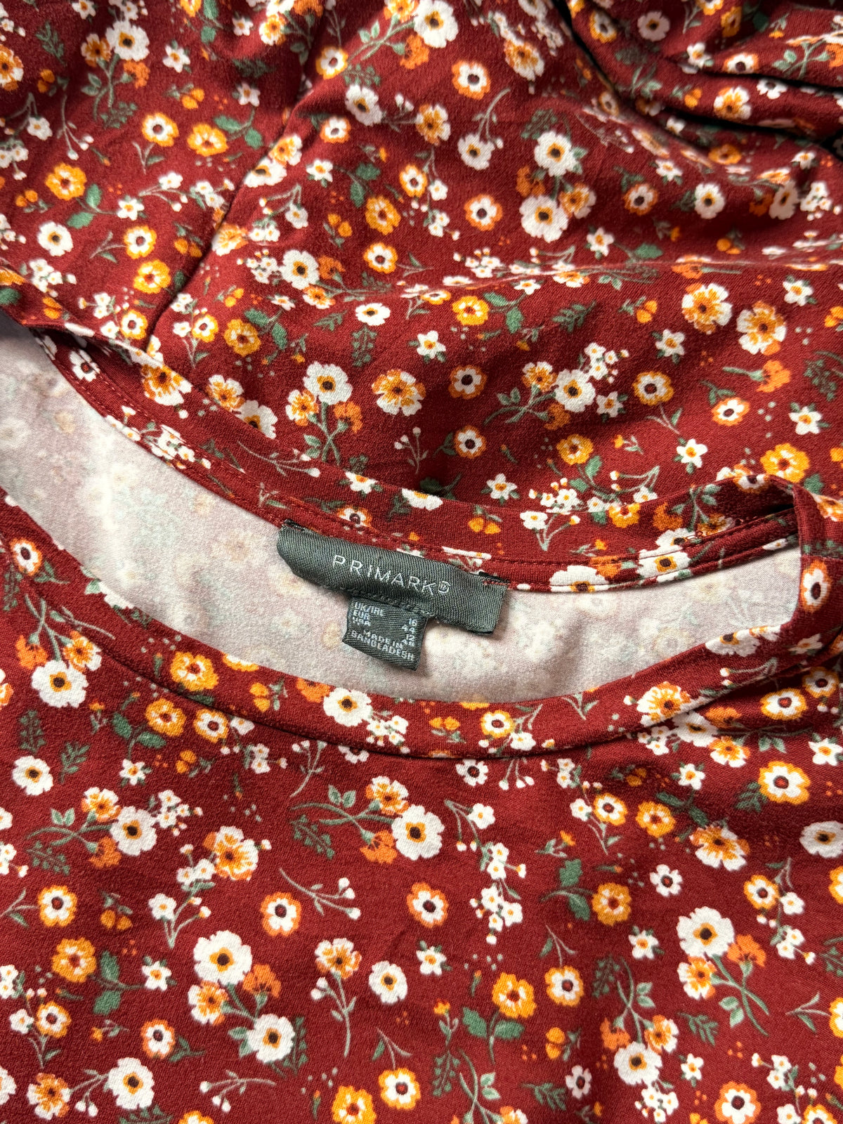 Primark Rust Burgundy Ditsy Floral Short Sleeve Skater Mini Dress - UK 16 / US 12