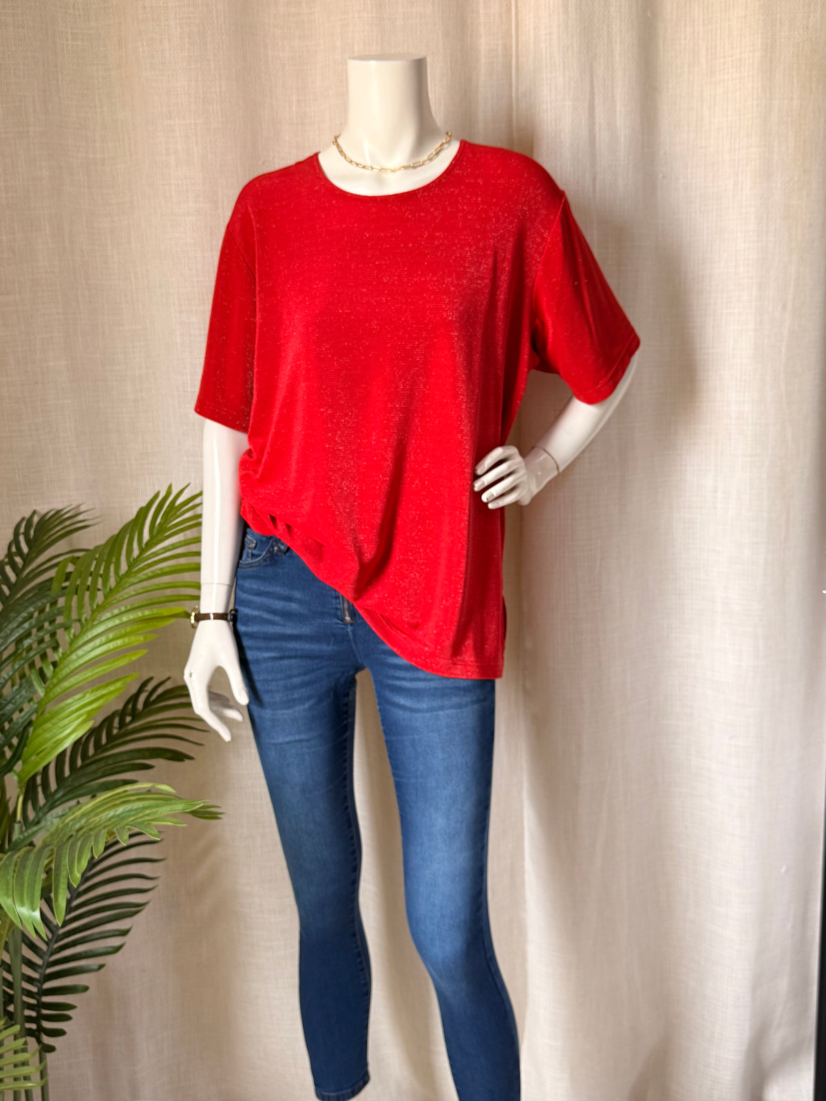 STUDIO BORGELT Red Metallic Shimmer Ribbed Knit Top - Size XL