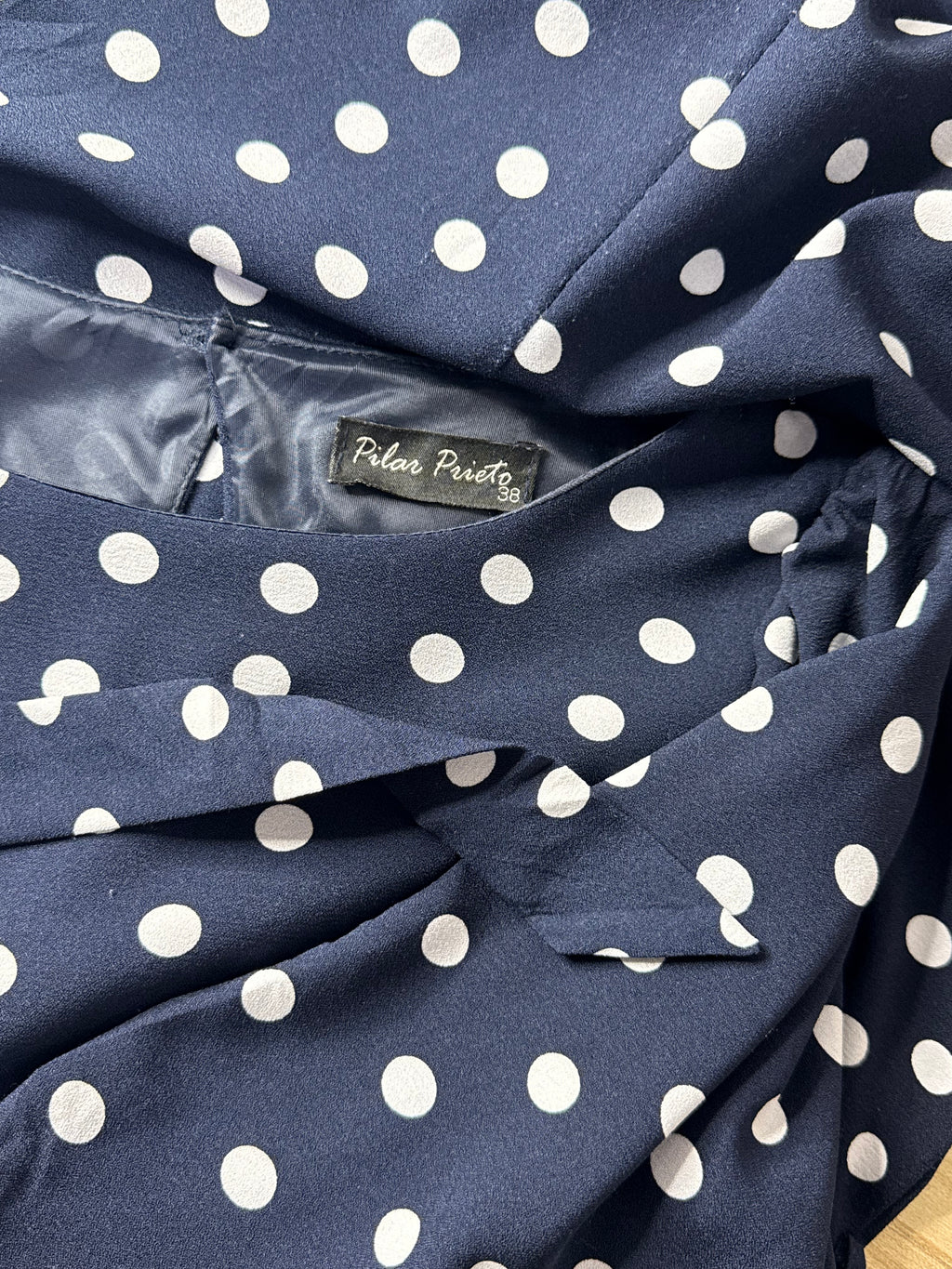 Pilar Prieto Navy Polka Dot Tie-Waist Mini Dress with Flutter Sleeves | Size 38 (Medium)