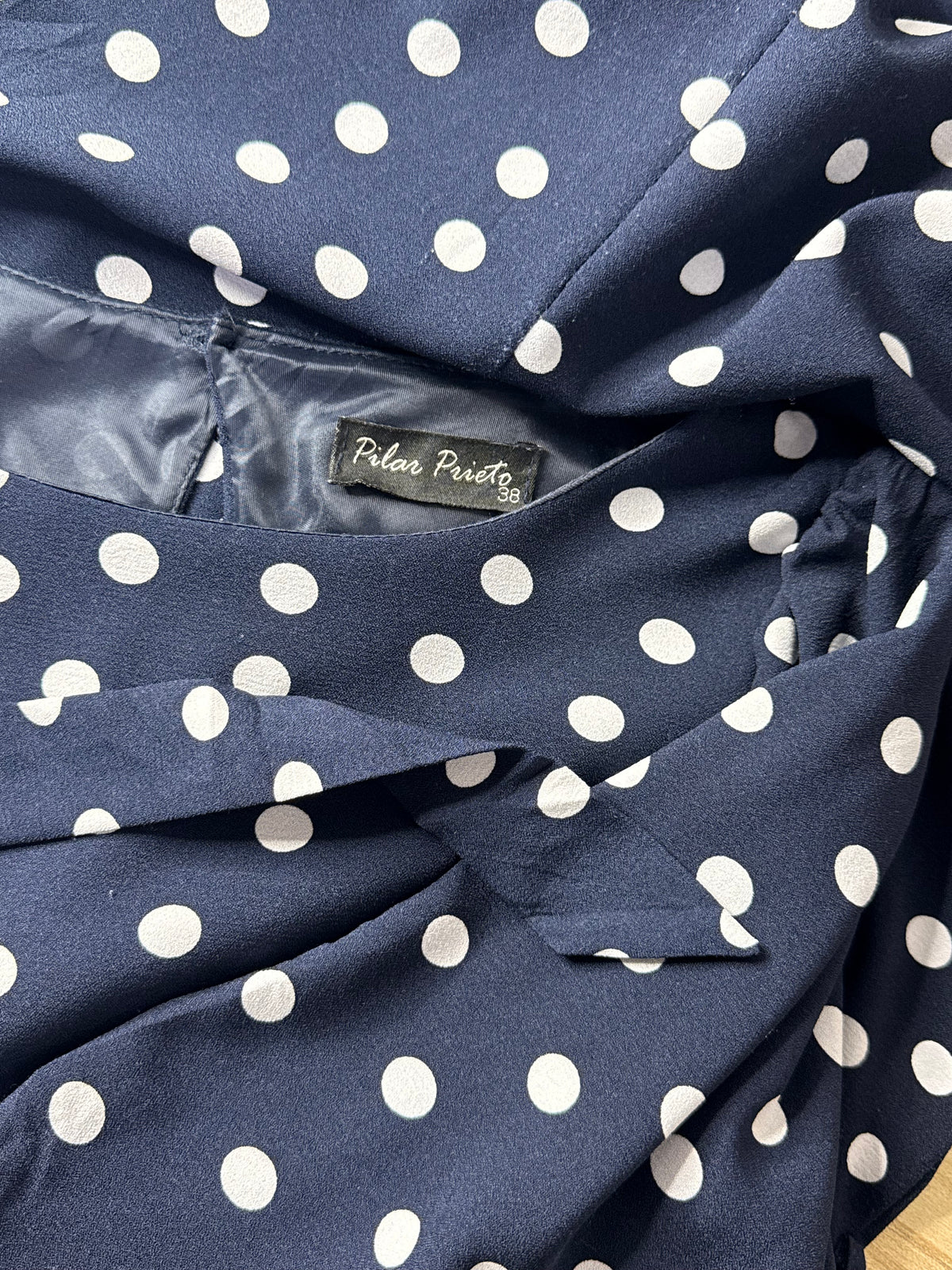 Pilar Prieto Navy Polka Dot Tie-Waist Mini Dress with Flutter Sleeves | Size 38 (Medium)
