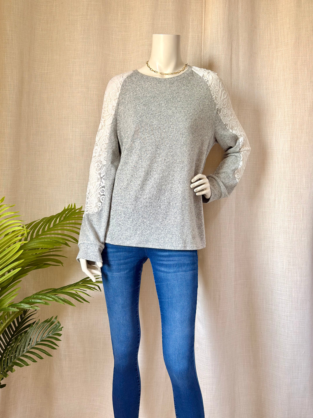 SHEIN Grey Lace-Sleeve Sweatshirt | XL