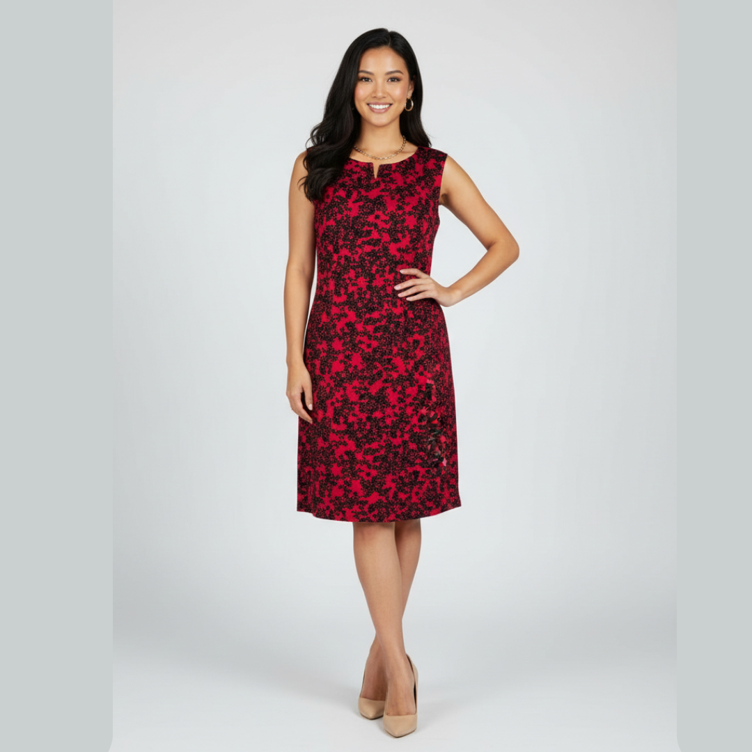 Adini Red & Black Abstract Print Sleeveless Dress | Size M