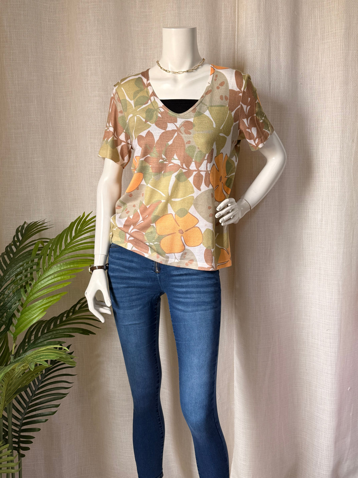NAULOVER Spain Tropical Floral Knit Top - Earthy Tones - Size M