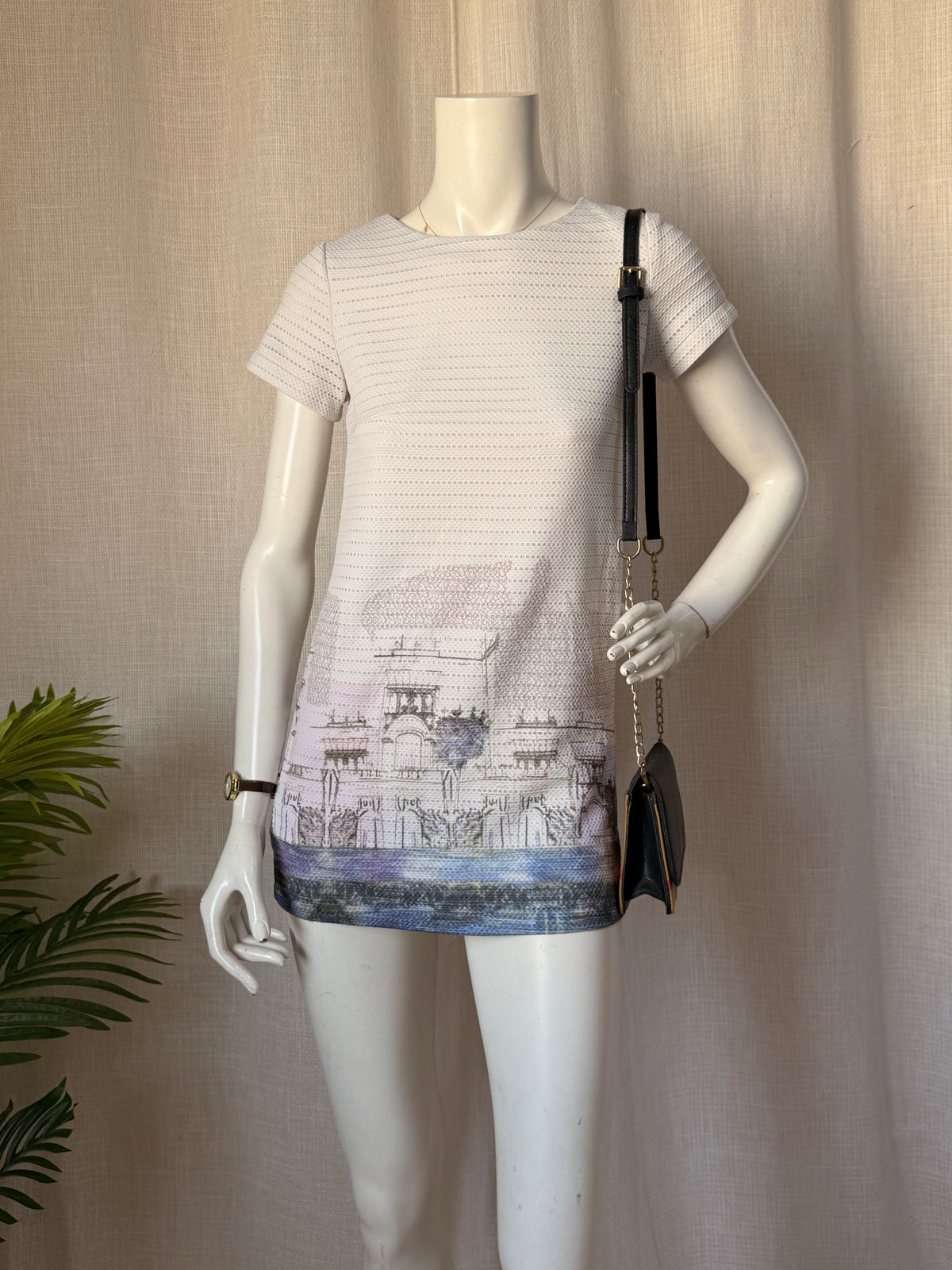 ESWALLOW Women's Short Sleeve Textured Top | Cream Scenic Print Blouse | Size XS