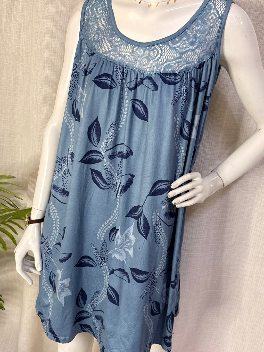 Dusty Blue Floral Lace Yoke Sleeveless A-Line Shift Nightdress / Loungewear Dress - Plus Size