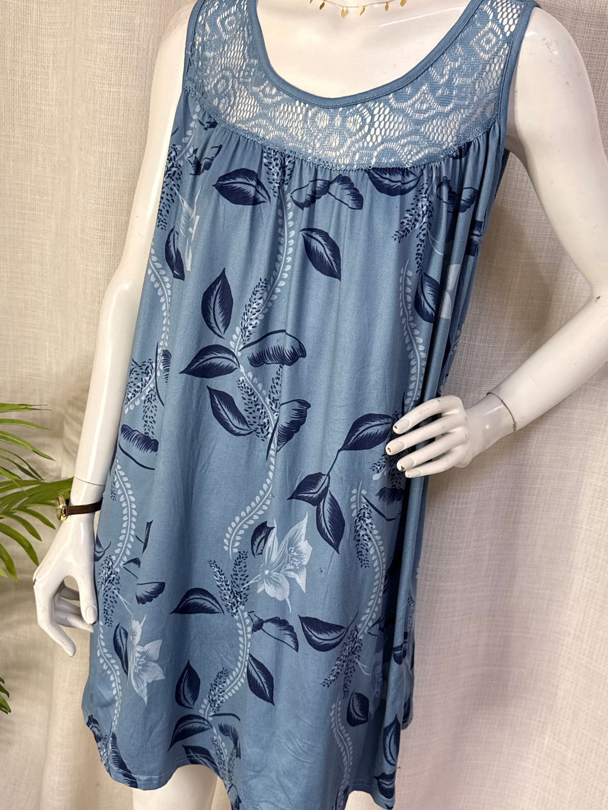 Dusty Blue Floral Lace Yoke Sleeveless A-Line Shift Nightdress / Loungewear Dress - Plus Size
