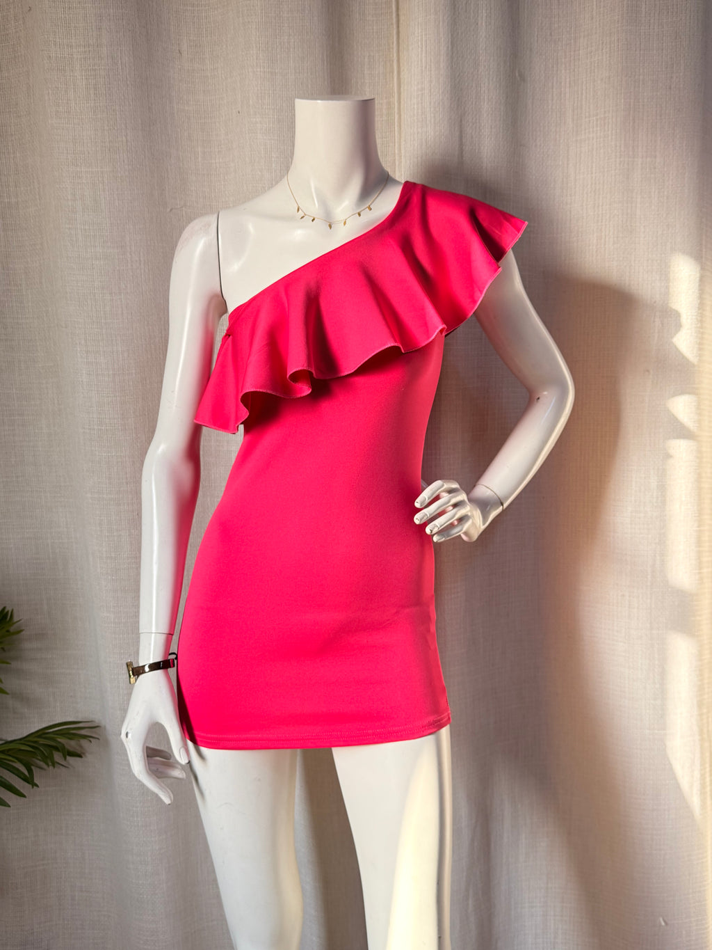 SHEIN Hot Pink One-Shoulder Flounce Ruffle Bodycon Mini Dress - Fits Women's XS / Tag 10Y