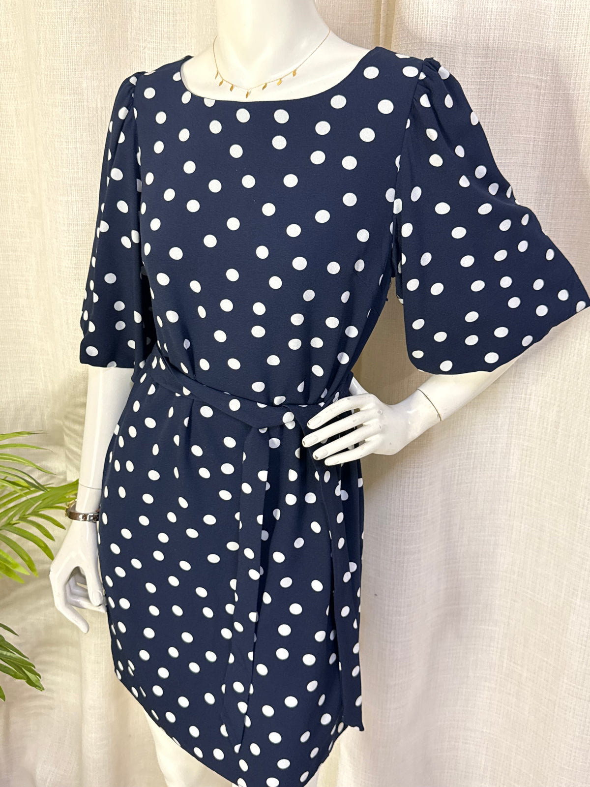 Pilar Prieto Navy Polka Dot Tie-Waist Mini Dress with Flutter Sleeves | Size 38 (Medium)