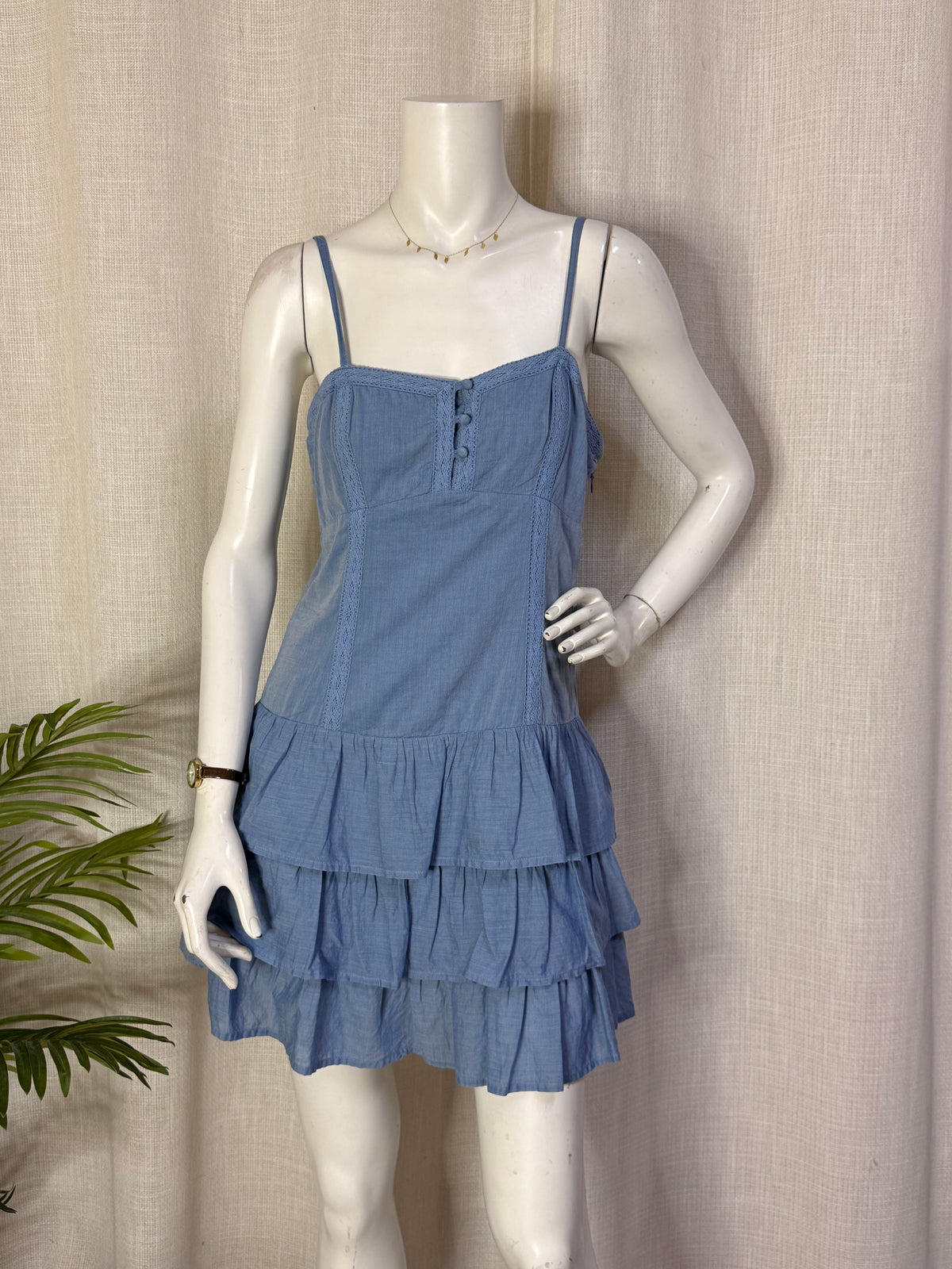 Papaya Chambray Blue Tiered Ruffle Cami Mini Dress - Medium