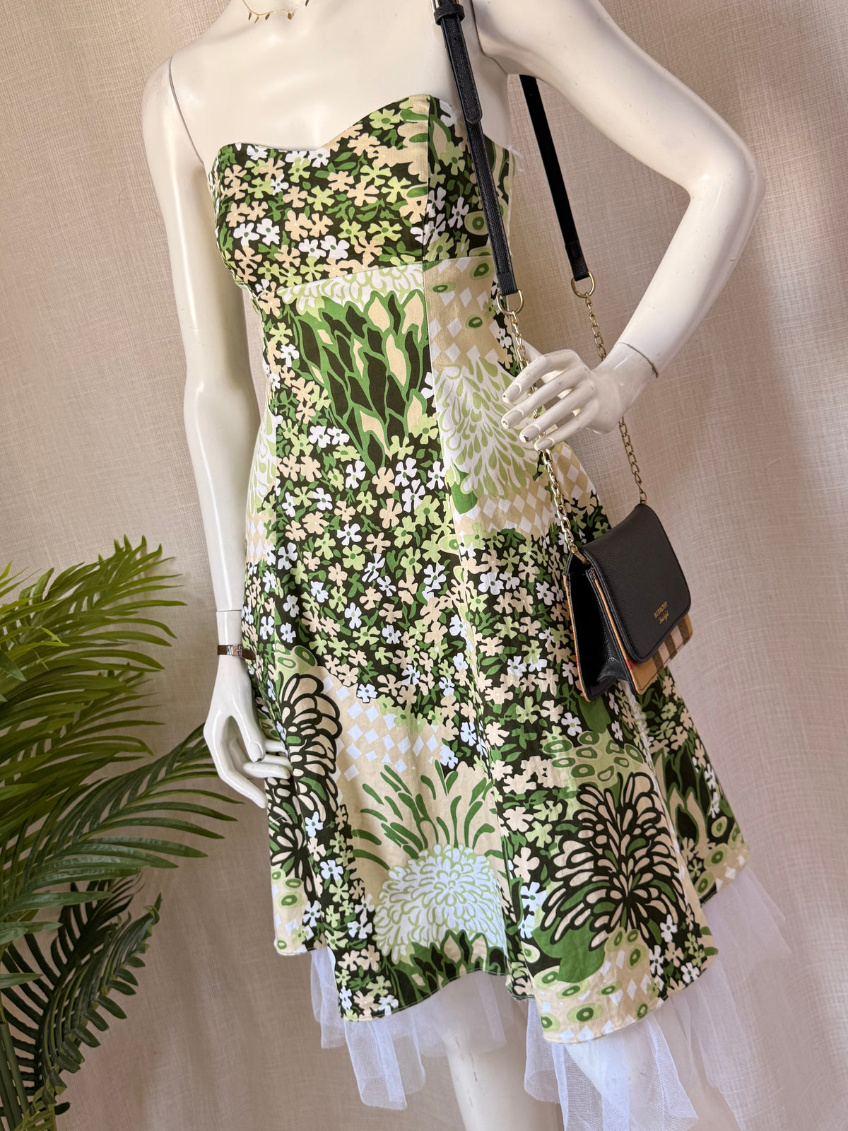 Miss Posh Floral Strapless Sundress with Tulle Trim - Green Retro Print - Size 10