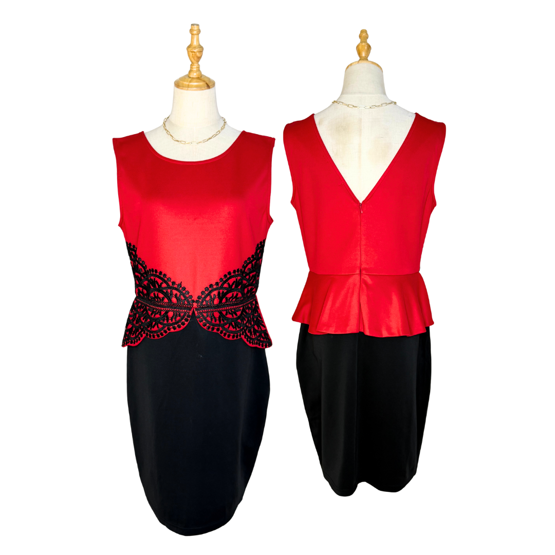 Jolie Moi Black & Red Lace Peplum Dress | UK 16