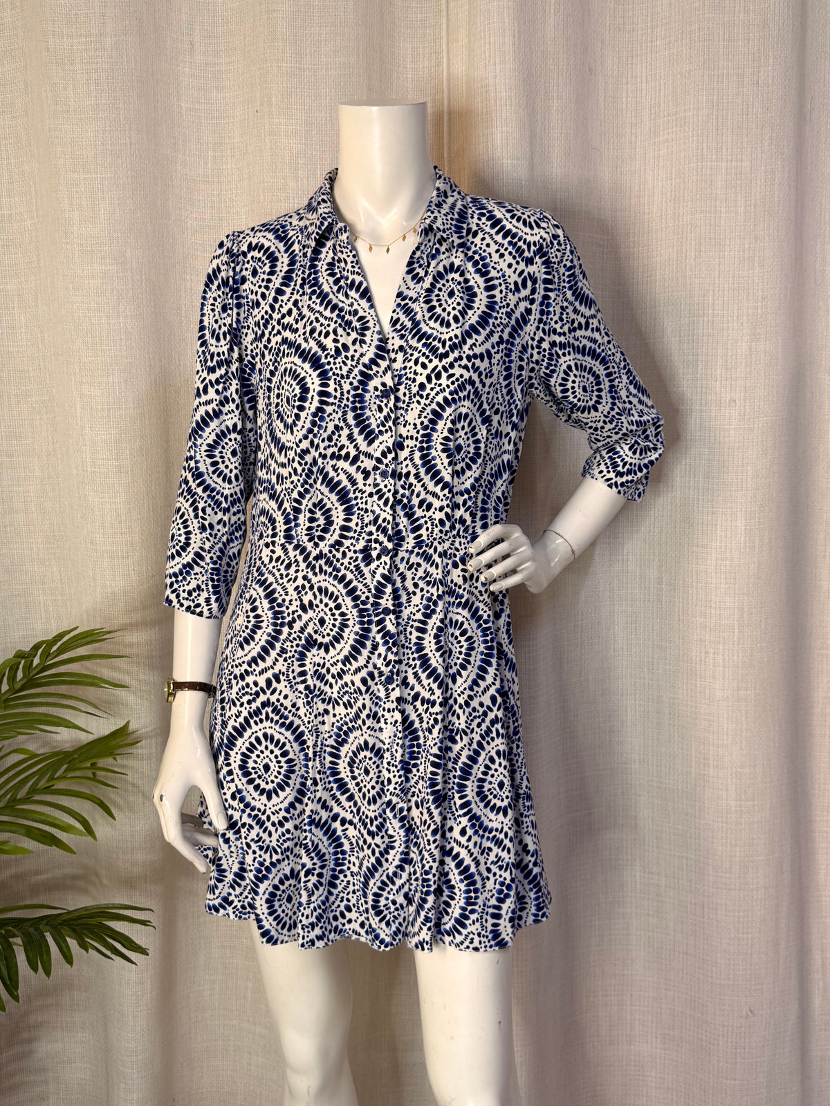 New Look Blue & White Mandala Print 3/4 Sleeve Shirt Mini Dress - UK 12 / US 8 | Medium