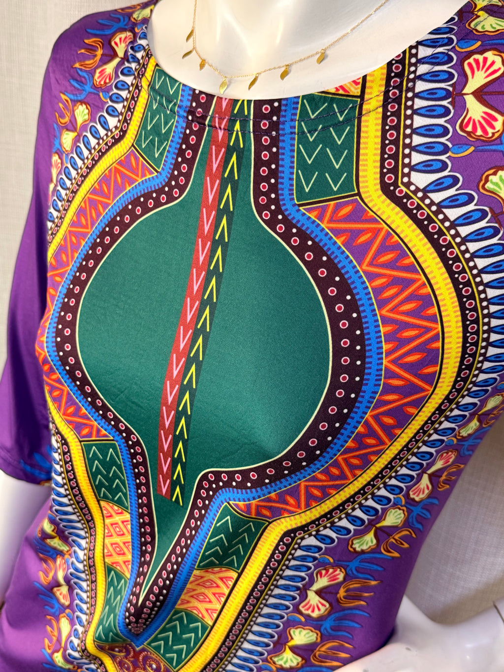 Purple Dashiki Tribal Print 3/4 Sleeve Tunic Mini Dress - Fits Size M (UK 10-12 / US 6-8)