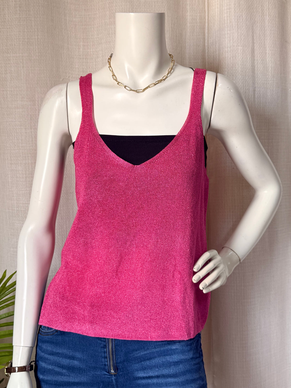 MANGO Committed Pink Metallic V-Neck Camisole - Size Large