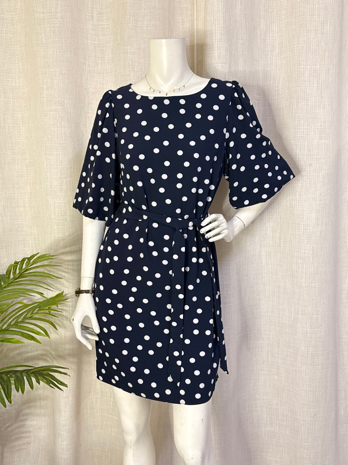 Pilar Prieto Navy Polka Dot Tie-Waist Mini Dress with Flutter Sleeves | Size 38 (Medium)
