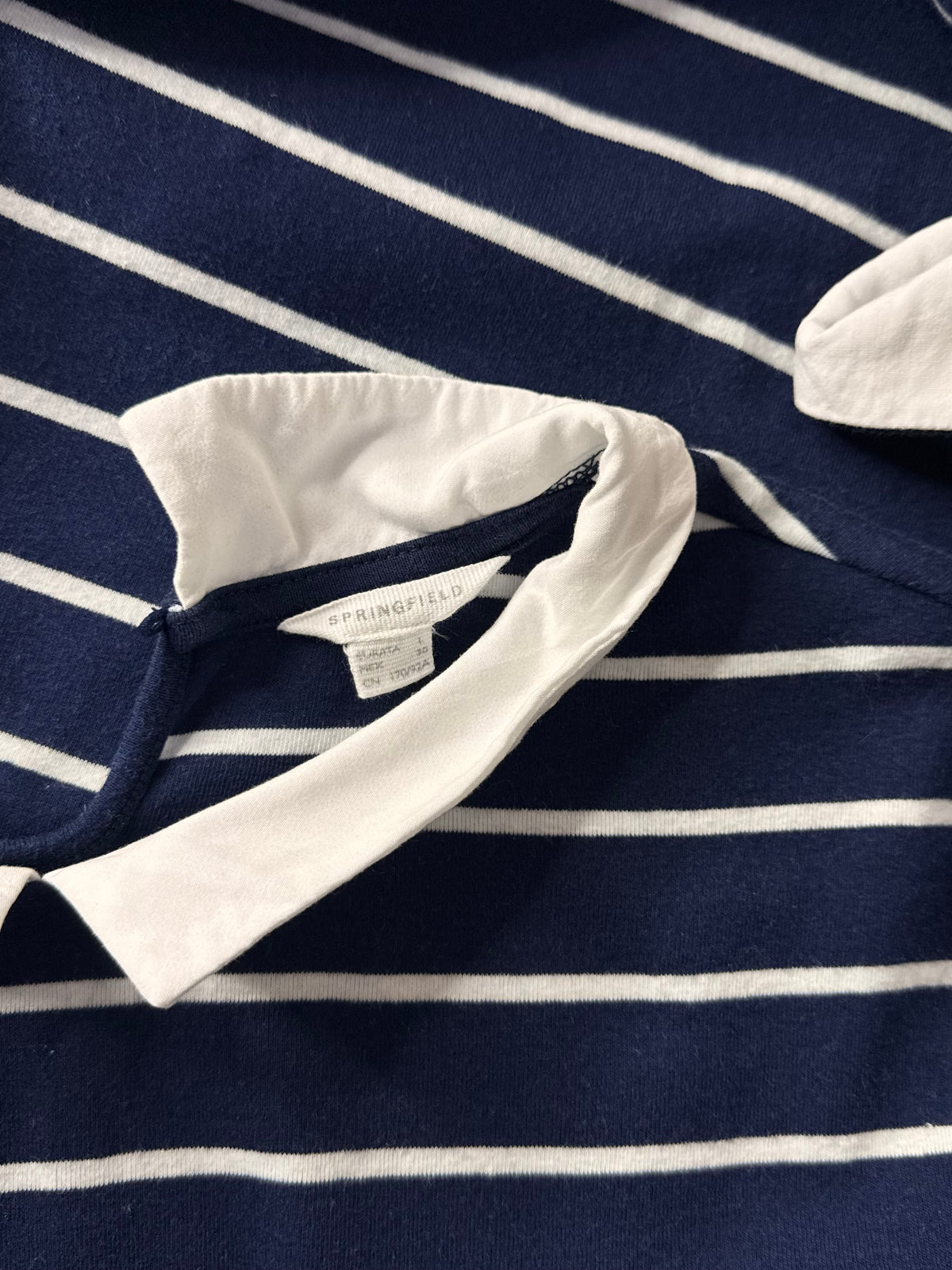Springfield Navy Striped Long Sleeve Shift Dress with White Peter Pan Collar – Size L