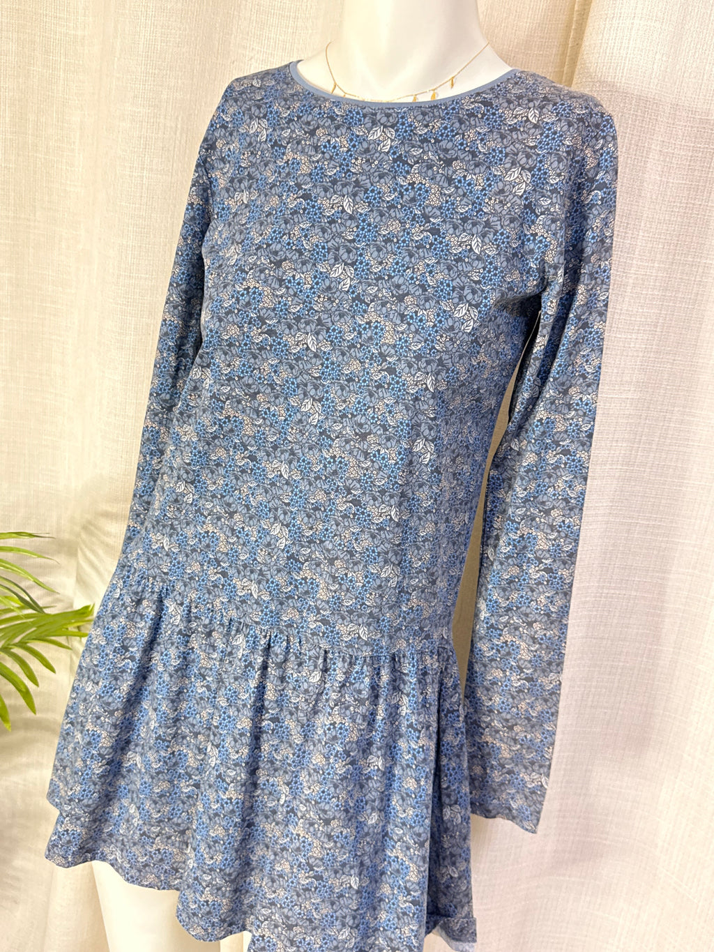 Name It Blue Ditsy Floral Long Sleeve Drop-Waist Dress - Size 14Y / 164 (Fits Women's XS-S)