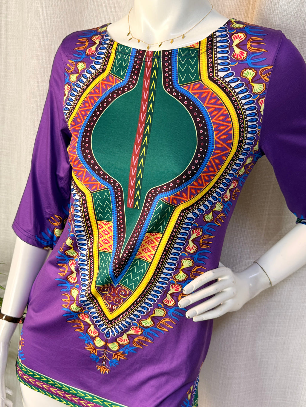 Purple Dashiki Tribal Print 3/4 Sleeve Tunic Mini Dress - Fits Size M (UK 10-12 / US 6-8)