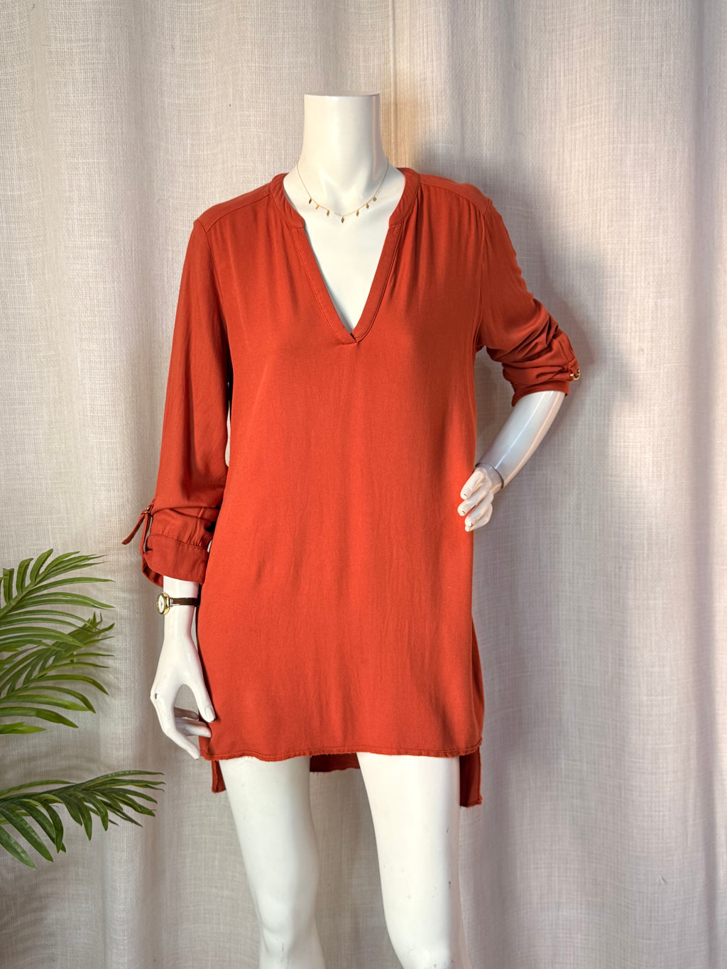 Atmosphere Rust Orange Split-Neck High-Low Tunic Mini Dress - UK 14 / US 10