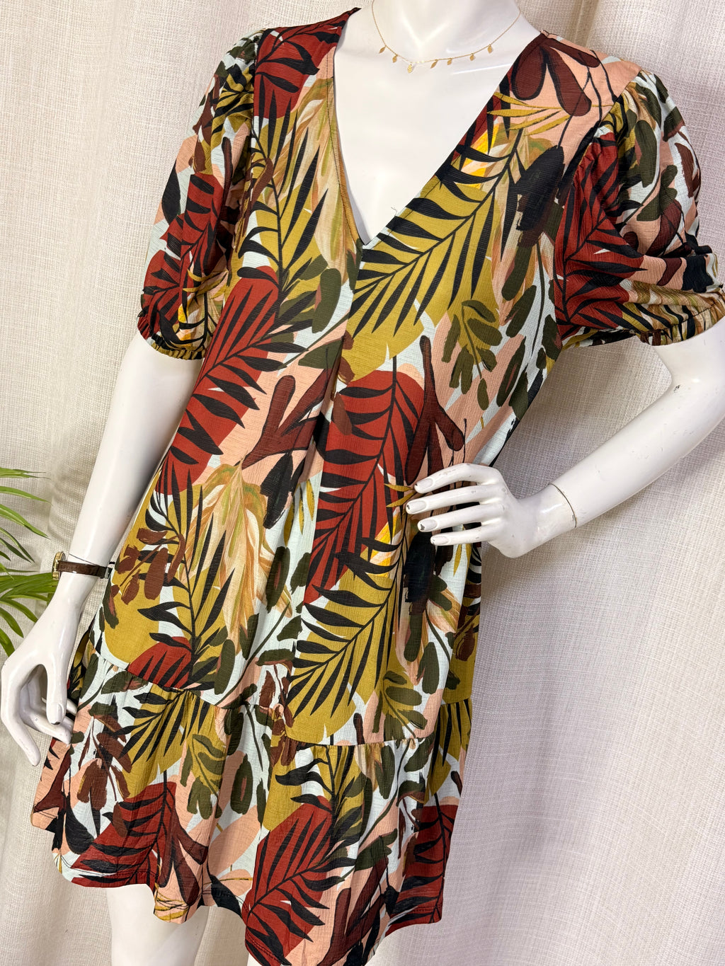 Tropical Palm Leaf Puff Sleeve V-Neck Tiered Mini Dress - Size L (UK 14 / US 10)