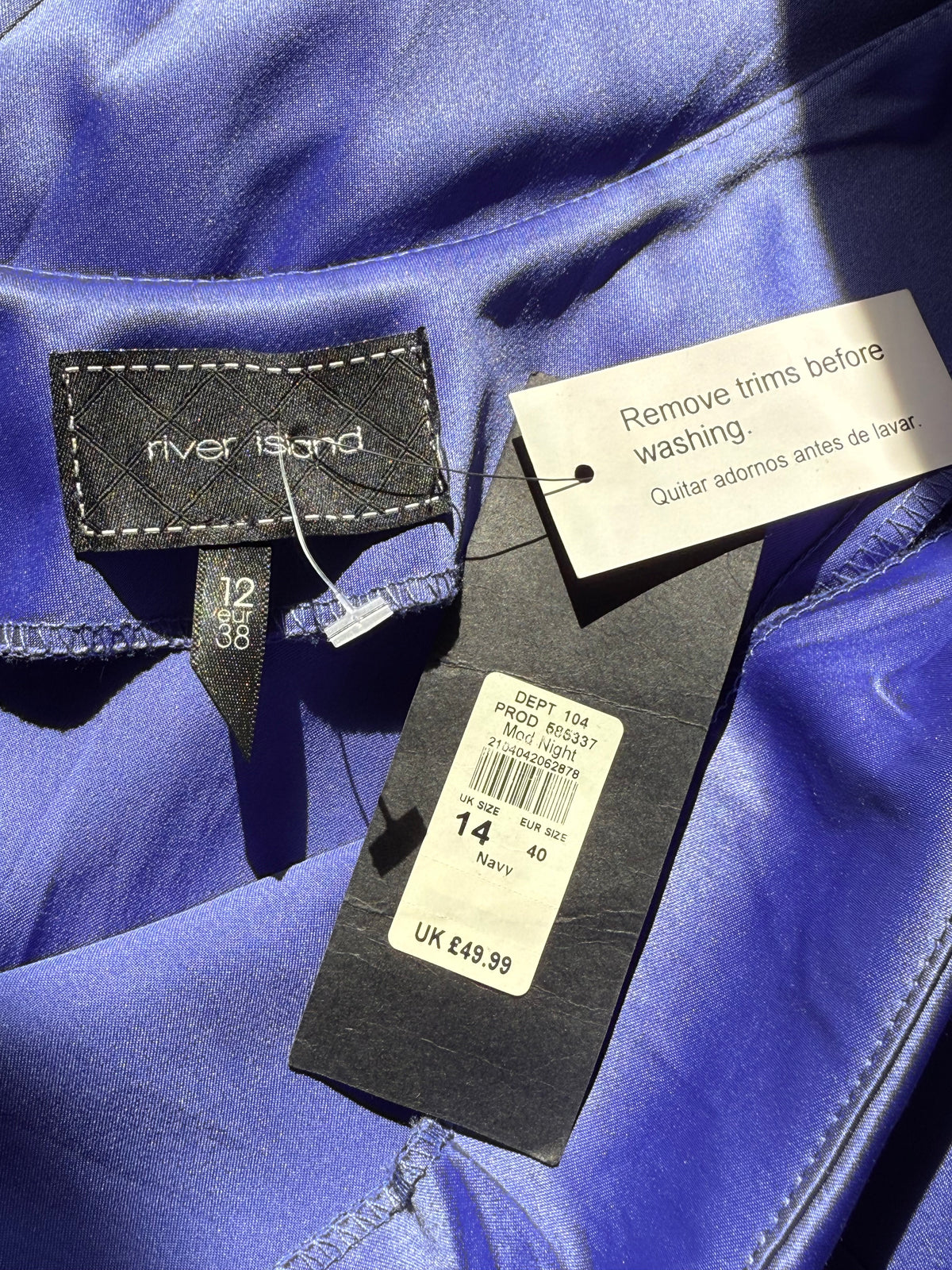 River Island Navy Satin One-Shoulder Mini Dress NWT - UK 14