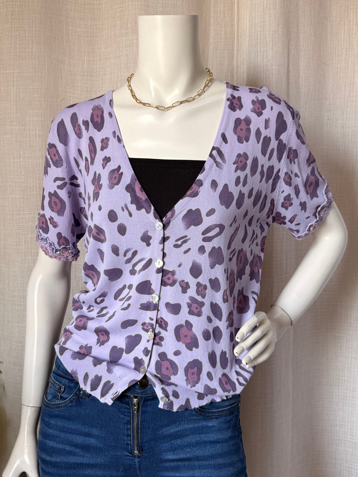 CANNELLA Italy Purple V-Neck Button-Up Cardigan, Sequin Detail, Size Large