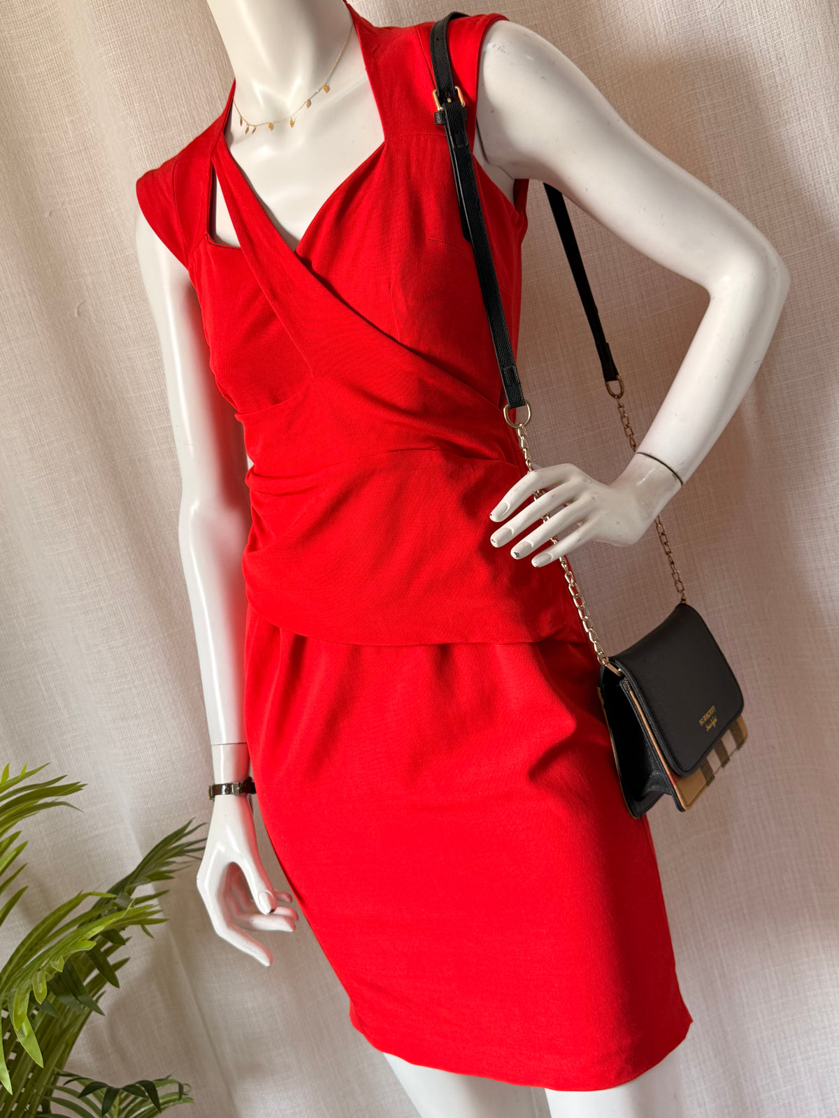 REISS Red Drape Neck Cocktail Dress | Asymmetric Sleeveless Bodycon | Size UK 8 / USA 4
