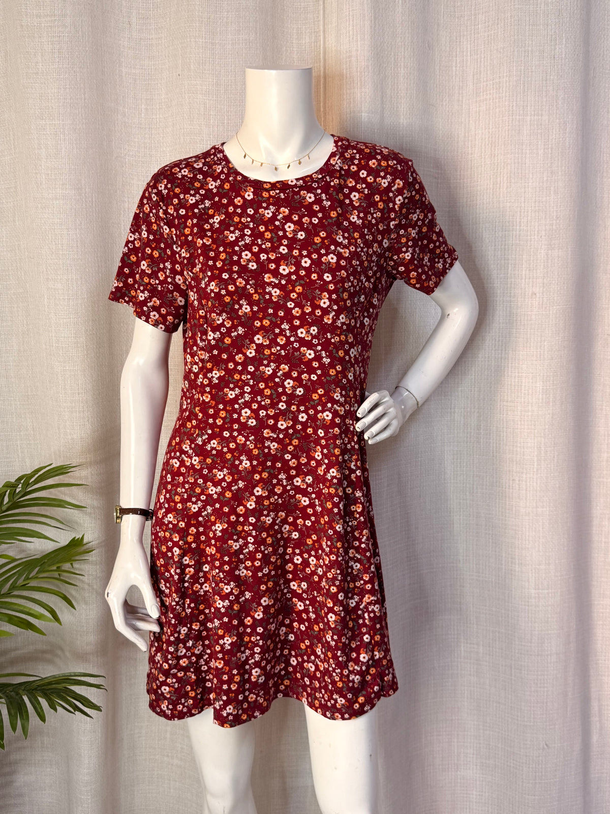 Primark Rust Burgundy Ditsy Floral Short Sleeve Skater Mini Dress - UK 16 / US 12