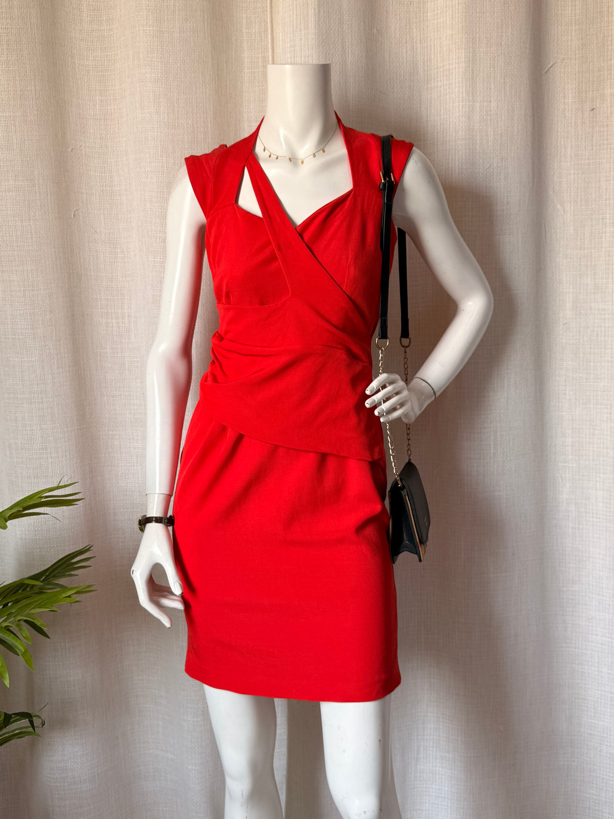 REISS Red Drape Neck Cocktail Dress | Asymmetric Sleeveless Bodycon | Size UK 8 / USA 4